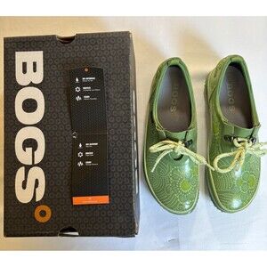 Women's Green Patterned Bogs Gardening Rubber Slip On Shoes Sz 7